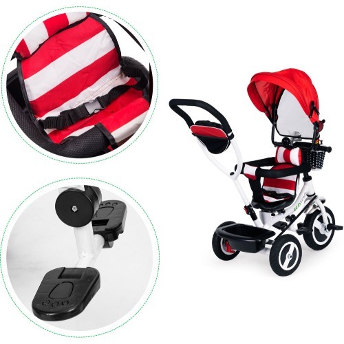 Triratukas ECOTOYS su pasukama sėdyne ir stogeliu, tvirti guminiai ratai, raudonas