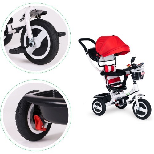Triratukas ECOTOYS su pasukama sėdyne ir stogeliu, tvirti guminiai ratai, raudonas
