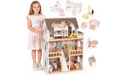 Drewniany domek dla lalek Laura 3 piętra 5 pomieszczeń 15 mebelków ECOTOYS