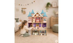 Medinis lėlių namelis pilis Bella 4 aukštai 5 kambariai 15 baldų ECOTOYS