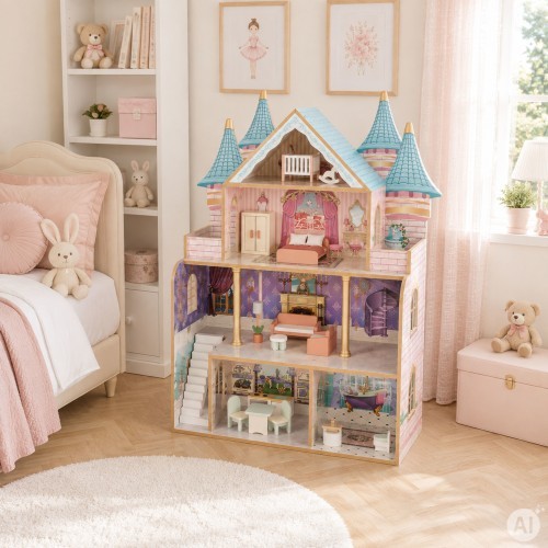Деревянный кукольный домик замок Bella 4 этажа 5 комнат 15 предметов мебели ECOTOYS