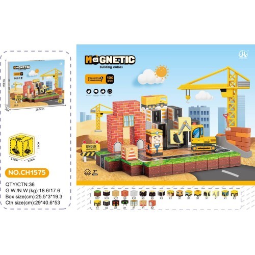 Magnetinių kubelių rinkinys, magnetiniai blokai Statybvietė, 100 vnt.