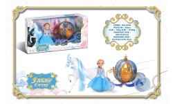 Mėlyna karieta su baltu žirgu ir mažosios princesės lėlė