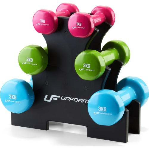 UpForm vinilinių fitneso hantelių rinkinys su stovu, 12 kg