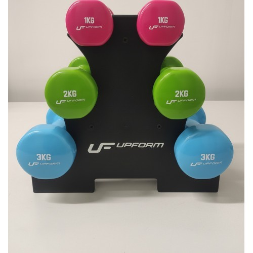 UpForm vinilinių fitneso hantelių rinkinys su stovu, 12 kg