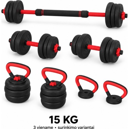 Reguliuojamas hantelis, štanga ir giria, rinkinys 3-in-1 - 15 kg