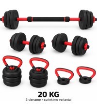 Reguliuojamas FiTKER® hantelis, štanga ir giria, rinkinys 3-in-1 - 20 kg
