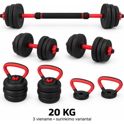 Reguliuojamas hantelis, štanga ir giria, rinkinys 3-in-1 - 20 kg