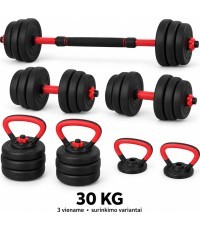 Reguliuojamas FiTKER® hantelis, štanga ir giria, rinkinys 3-in-1 - 30kg