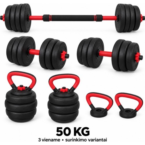 Reguliuojamas FiTKER® hantelis, štanga ir giria, rinkinys 3-in-1 - 50kg