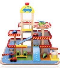 Wooden garage, large parking lot with elevator + cars Ecotoys