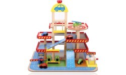 Wooden garage, large parking lot with elevator + cars Ecotoys