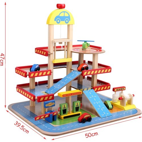 Wooden garage, large parking lot with elevator + cars Ecotoys
