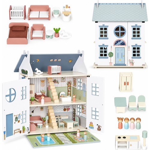 Drewniany domek dla lalek Lily otwierany 3 piętra 5 pomieszczeń meble figurki ECOTOYS