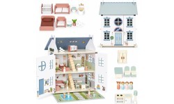 Drewniany domek dla lalek Lily otwierany 3 piętra 5 pomieszczeń meble figurki ECOTOYS