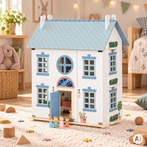 Drewniany domek dla lalek Lily otwierany 3 piętra 5 pomieszczeń meble figurki ECOTOYS