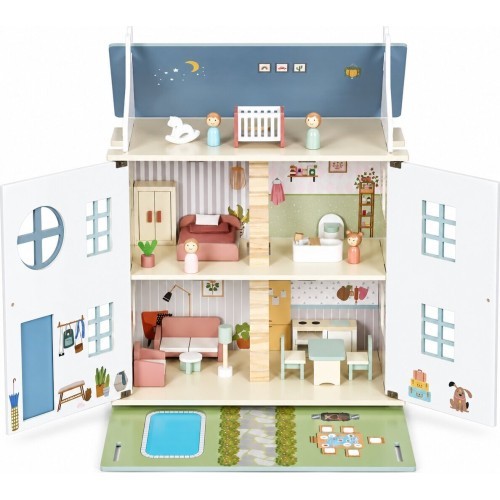Drewniany domek dla lalek Lily otwierany 3 piętra 5 pomieszczeń meble figurki ECOTOYS