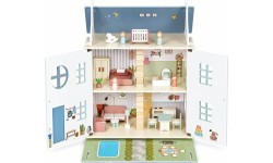 Drewniany domek dla lalek Lily otwierany 3 piętra 5 pomieszczeń meble figurki ECOTOYS
