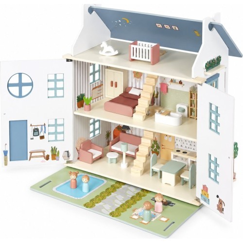 Drewniany domek dla lalek Lily otwierany 3 piętra 5 pomieszczeń meble figurki ECOTOYS