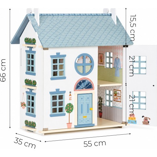 Drewniany domek dla lalek Lily otwierany 3 piętra 5 pomieszczeń meble figurki ECOTOYS